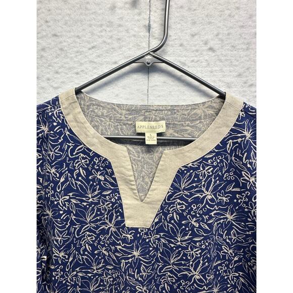 Appleseed’s Women Large Blue Cream Tunic Linen Blend Floral 3/4 Sleeves Boho - Picture 3 of 9